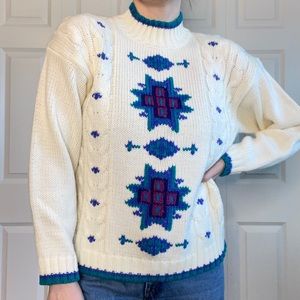 VTG Snowflake Cable Knit Grandma Cream Blue Green Turtleneck Sweater Size M